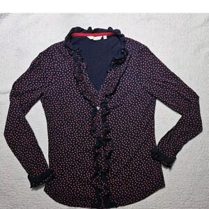 Boden Black Blouse with Pink Dots and Ruffles